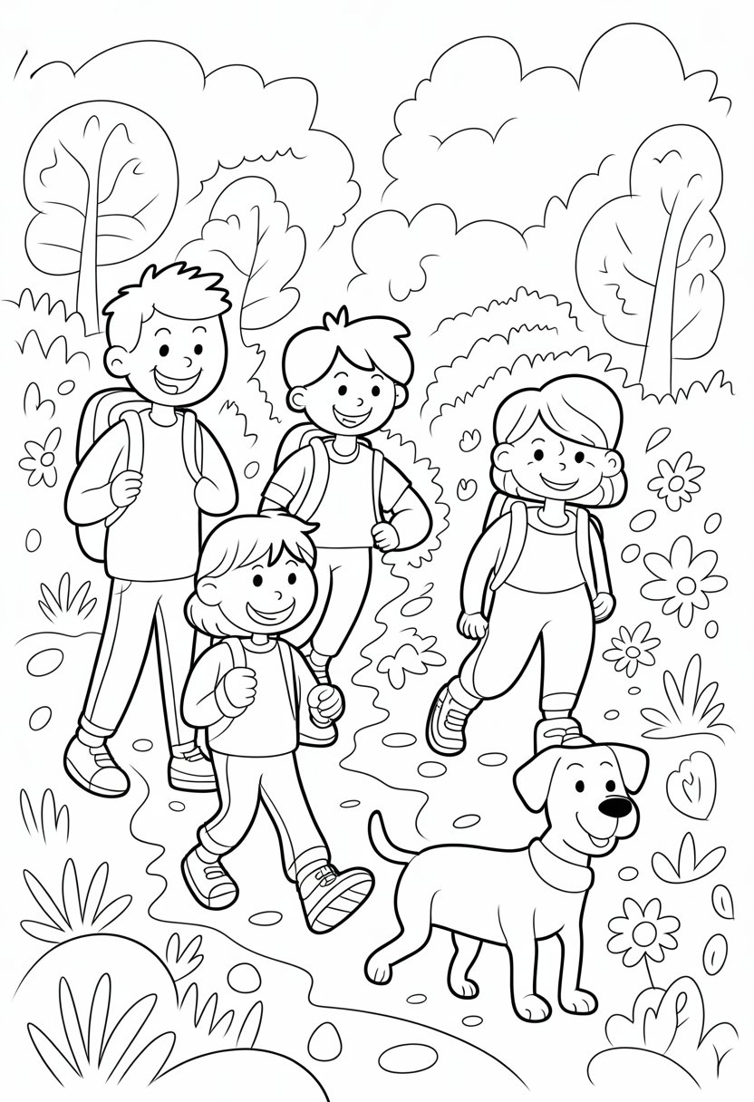 I Love My Family Coloring Pages List of 13 Fun and Educational Designs 24 A family of four hiking outdoors with their dog along a trail surrounded by trees, bushes, and flowers.